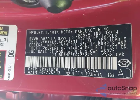 2015 Toyota Corolla Le из США, поврежденный, VIN 2T1BURHE6FC236877